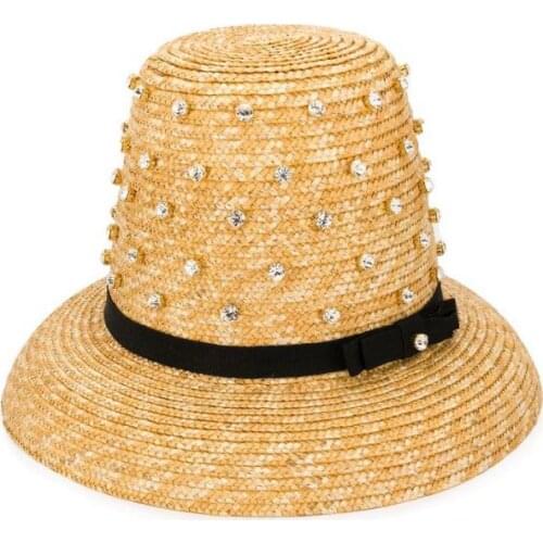 Diamond decorative straw caps new retro multicolor ribbon high top straw hat stage catwalk concave shape straw hat sun hat