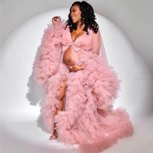 Unique Prom Dresses Tulle Maternity Robes Women Photoshoot Bathrobe Fluffy Party Sleepwear Custom Made Gowns 2021