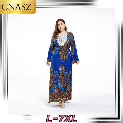 2020 New Explosion Style Large Size Womens Fared Sleeves Skirt Ice Silk Dress Fashion Elegant Print Beach Style Plus Size Dress