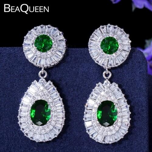 BeaQueen Water Drop Shape Long Wedding Earrings Cubic Zirconia Crystal Paved Oval Round Green Stone Women Ear Jewelry E162