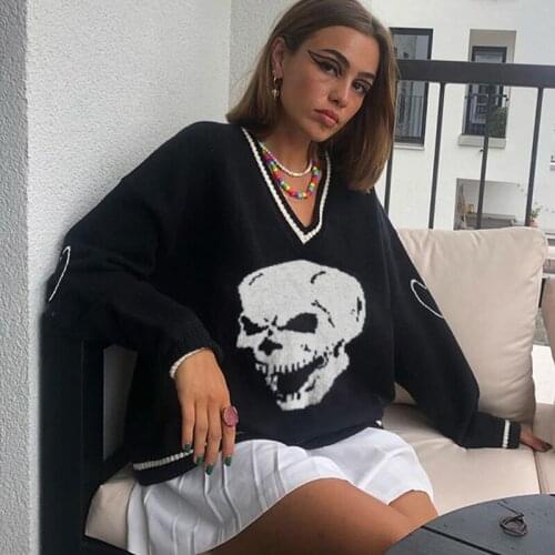 Women Sweaters Streetwear Preppy Style Loose Pullover Women Long Sleeve Skull Print Knit Sweaters Autumn 2021 Women Clothing