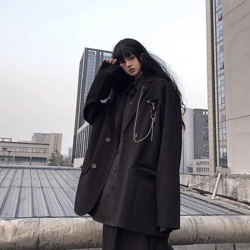 Women Blazer Black Jacket Oversized Casual Coat Female Loose Long Sleeved Double Breasted Outerwear Harajuku Streetwear