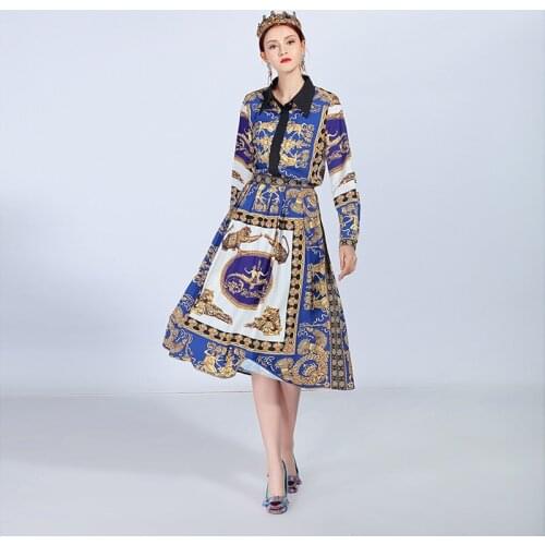 2020 Spring Europe Fashion Turn-down Collar Full Sleeve Single Breasted Top + Mid-Calf Skirt Animal Print Suit Women