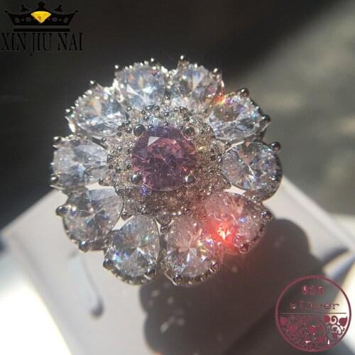 Elegant webcelebrity Flower Zircon Ring Pink Romantic Engagement Wedding Rings for Women Fashion Jewelry Womens Bague Femme