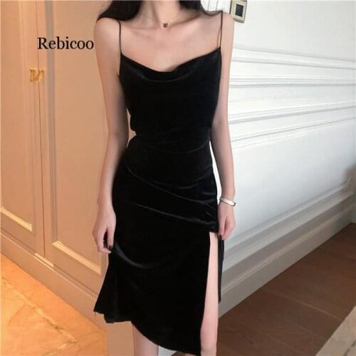 Women Dress Spaghetti Strap Slit Velvet Black Dress Sexy Bodycon bandage Dress Midi Party Dress Vestidos Verano