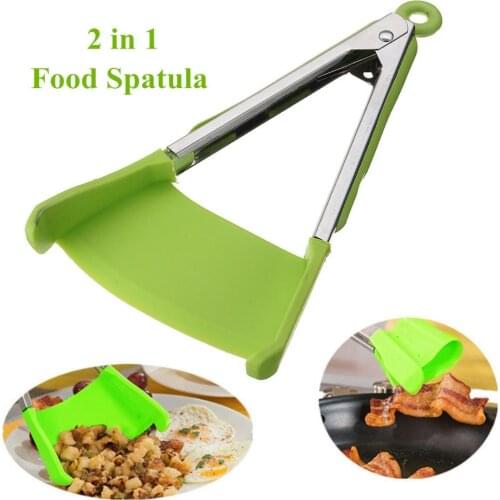 New 2 in 1 Smart Kitchen Spatula and Tongs Non-Stick Heat Resistant Stainless Steel Frame Silicone Tongs Kitchen Gadget