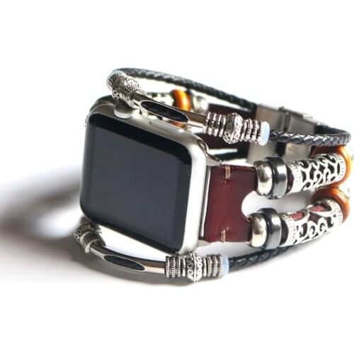 Etsy Handmade Bead Punk Bracelet For Apple Watch Band 38mm 42mm 40mm 44mm Real Leather Watchband iWatch Series 2 3 4 5 6 Strap