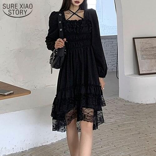 Black Party Dress Women Irregular Japan Style Kawaii Gothic Lolita Dress Female Lace Ruffles Puff Sleeve Summer Dresses 13244