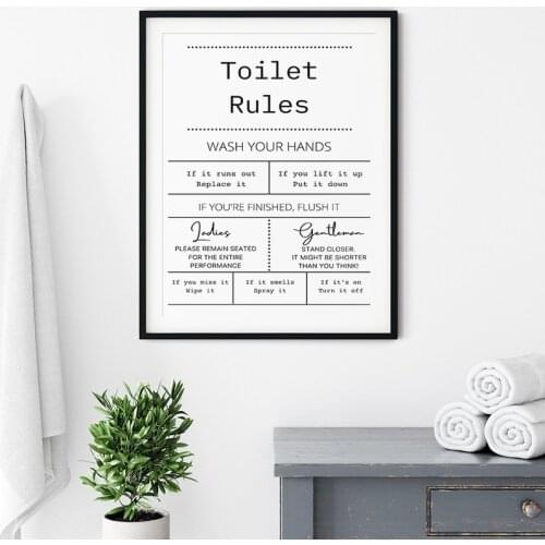 Black and White Mnimalist Wall Art Canvas Painting Toilet Rules Poster and Print Word List Picture for Bathroom Decor