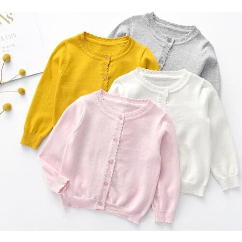 Kids Knitting Top Fall Coat Round Neck Long-Sleeve Casual Hollow Ruffle Button Thin Pink White Sweater Children Boy Girl Clothes