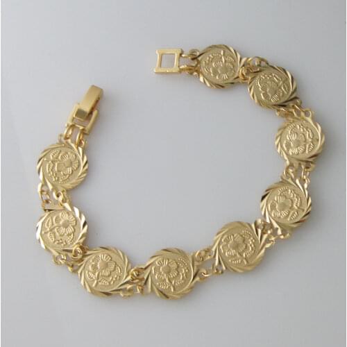 FOROMANCE 7.3" YELLOW GOLD GP OVERLAY FILL BRASS FLOWER PATTERN ON SURFACE ROUND PART LINKED BRACELET