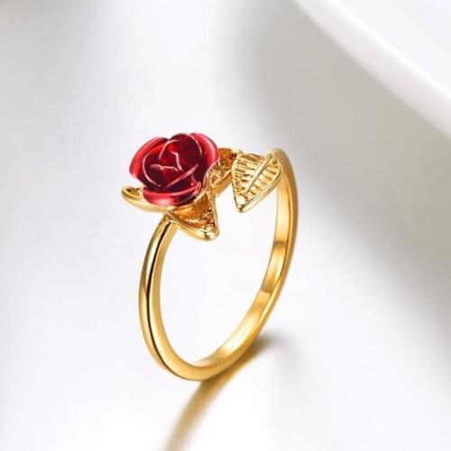 Red Rose Garden Flower Leaves Resizable Finger Rings For Women Valentines Day Gift Jewelry Hot Sale 2021 Open Ring