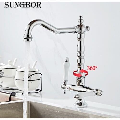 360 Swivel Kitchen Faucet Antique Brass/Chrome Polish Double Handle Bathroom Basin Sink Mixer Tap Faucets CF-9088L