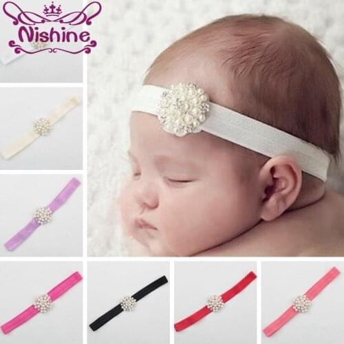 Nishine Newborn Pearl Flower Hair Accessories Girls Kids Rhinestone Headband Infant Children Elastic Lace Hair Band Headwear