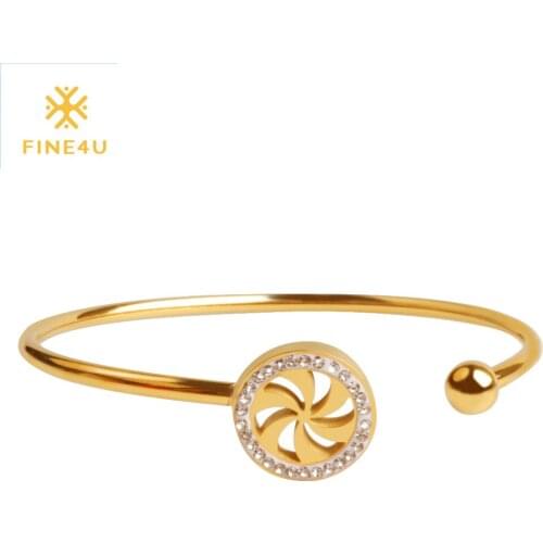 2018 New FINE4U B037 316L Stainless Steel Cuff Bangle & Bracelet Gold Open Bangle Bracelet For Women Paved with CZ Bangles