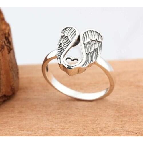 2021 New Vintage Creative Love Ring Feather Guardian Love Old Craft Jewelry Ladies Ring Couple Ring 925 Silver Jewelry Wedding