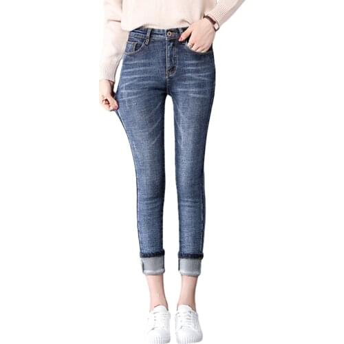 New Arrival Women Solid Color Jeans Adult In Winter High-Waisted Wool Lining And Fleece Leggings Black/ Dark Blue/Light Blue