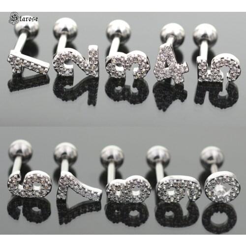 Starose 1pc 18G Rod Micro Inlaid Crystal Number 1~9 Ear Stud Helix Piercing Cartilage Lobe Tragus Earring Nose Ring Body Jewelry