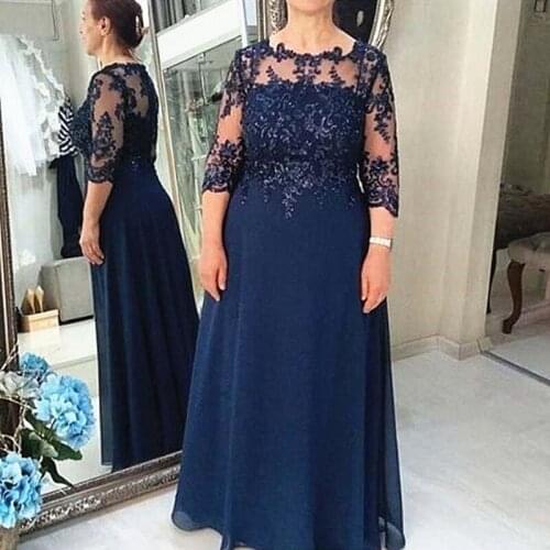 Dark Navy Mother of the Bride Dress for Wedding Party Lace Chiffon 3/4 Sleeves Plus Size Mother of the Groom Suits Evening Gowns