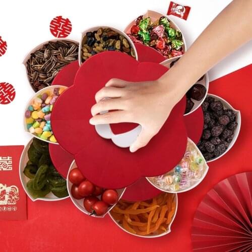 Petal-Shape Rotating Snack Box Candy Tray Food Storage Box Wedding Candy Plates Double-deck Dried Fruit Organizer Storage