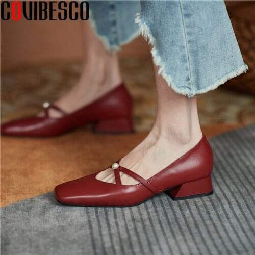 COVIBESCO Women Pumps 2021 Spring Genuine Leather Narrow Band Thick Heels Shoes Woman Fashion Concise Square Toe Casual Newest