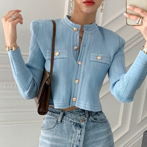 Womens sweater 2021 new sky blue stand-up collar chic metal buttons short long-sleeved single-breasted knitted cardigan women