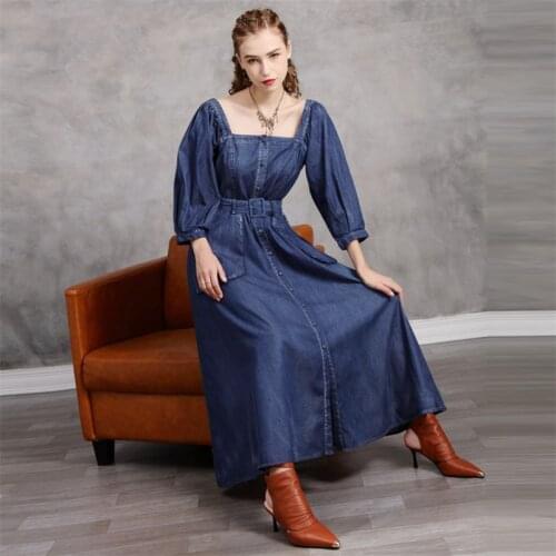 Brand New Autumn Denim Square Collar Dress 2020 Vintage Womens Slim Belt Dresses Female Single Breasted Dress Q82266