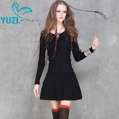 Women Dress 2017 Yuzi New Vintage Bodycon Knitting Dresses Long Sleeve O-Neck Jacquard Pleated Vestido A6056 Vestidos Femininos