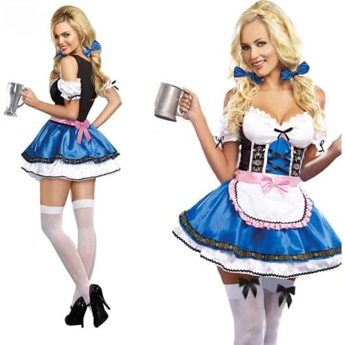 S-2XL Sexy Blue Oktoberfest Dirndl Beer Girl Costume Mini Dress For Adult Women
