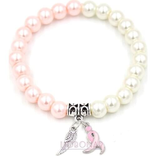 1PC New Pearl Bracelet Breast Cancer Awareness Jewelry Angel Wing Pink Ribbon Bracelet for Women Girl Pulsera