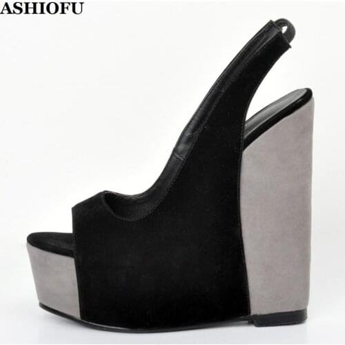 ASHIOFU Handmade Womens Wadge Heel Sandals Patchwork Kid-suede Party Prom Dress Shoes Slingback Sexy Evening Club Fashion Shoes