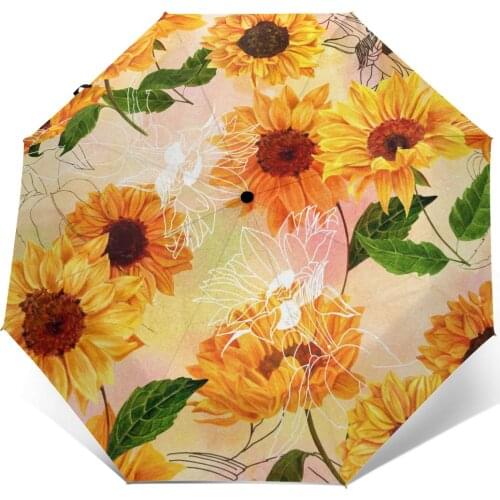 Automatic Umbrella Vibrant Yellow Sunflowers Watercolor Vintage three-fold umbrella women men rain umbrella