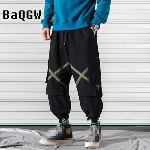 Multi-Pocket Design Mens Loose Ribbon Patchwork Hip Hop Cargo Pants Harajuku Hip Hop Clothing for Men Streetwear Casual Joggers