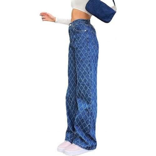 Jeans High Waist Loose Pants Women Rhombus Long Straight Trousers for Work Women Clothing женское платье