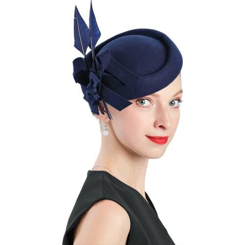 Hot Sale Fedoras Wool Blue Fascinator Hats For Women Church Wedding Hat Feather Pillbox Caps Womens Bonnet Hats Elegant Fedoras