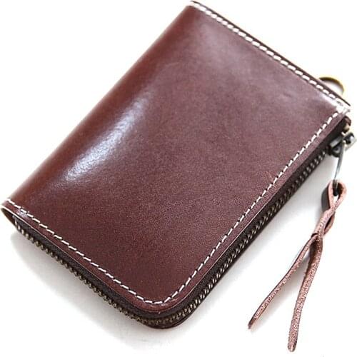 Men Vintage Geniune Leather Short Wallet Handmade Vegetable Tanned Leather Zipper Purse Luxury Coin Pocket Card Holder Wallets