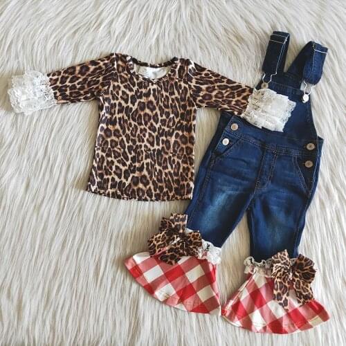 Hot Sell Sweet Baby Girls Outfits with Fashion Style Toddler Leopard Top And Denim Overalls Sets High Quality Kids Lace Clothes