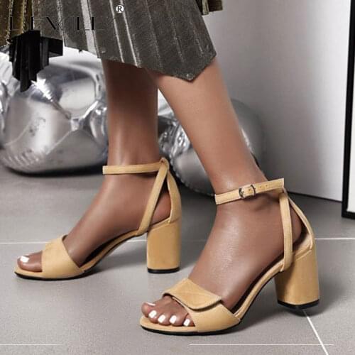 Lsewilly Summer Woman Shoes Square Heel Sandals Thick High Heel Lady Shoes Buckle Cover Heels Flock Shoes Solid Color Size 34-43