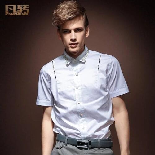 Fanzhuan Free shipping New Summer Mens male Palace style white short-sleeved golden grass-grain slim square collar shirt 13258