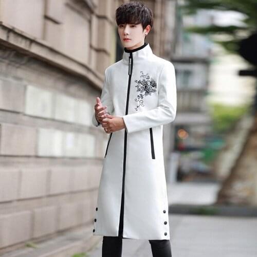 Mens X-Long Trench Coat Fashion Casual Comfortable Floral Printing PU Leather Jacket Personality Windbreaker Faux Leather