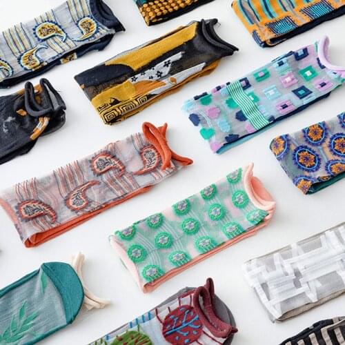 Fashion Women Socks New Spring Summer Mesh Thin Long Printed Socks Women Casual Breathable Fresh Flower Socks Korea Style Color