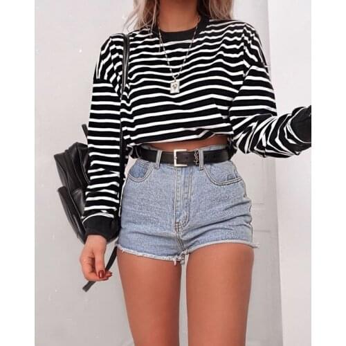 2020 New Fashion WomenS Clothes Long SleeveCotton Round-Neck Crop Top Casual Striped Tops Women Slim Clothes