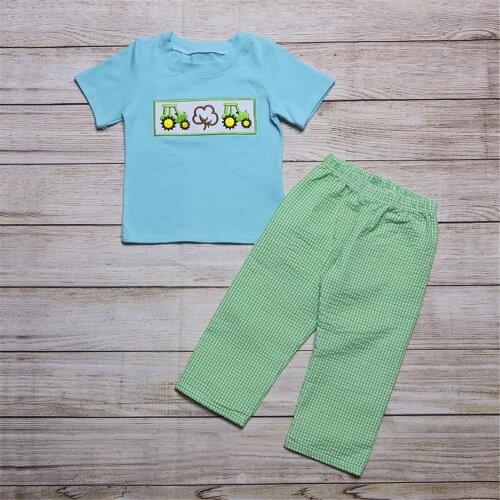 2021 New Style Pure Cotton Baby Boys Suit Blue Embroidered Short Sleeves And Green Plaid Long Sentences Children Boutique Cloth