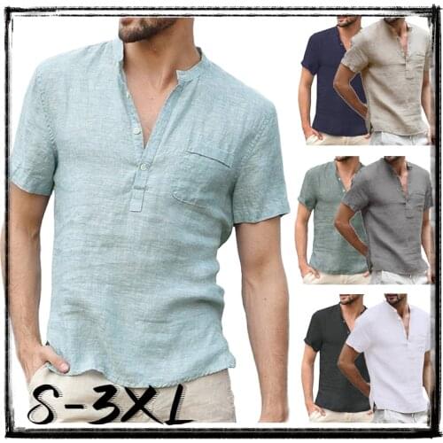 New Summer and Spring Men Fashion Cotton Short Sleeve Shirts Stand Collar Solid Color Buttons Blouse Casual Slim Fit Tops