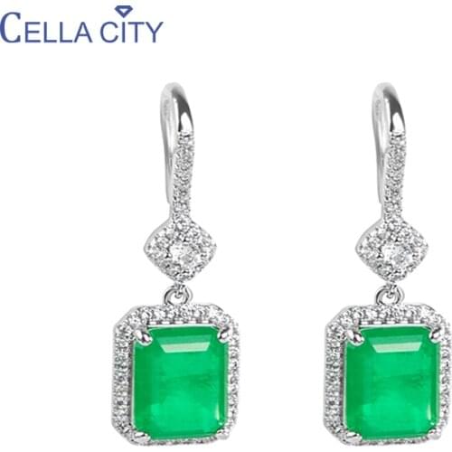 Cellacity silver 925 jewelry drop earrings with rectangle shape emerald gemstones silver wedding party wholesale jewelry gift
