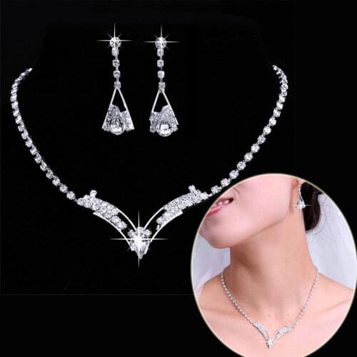 Sparkling V Shaped Rhinestone Choker Necklace Luxury Crystal Silver Color Necklace & Earrings Elegant Bridal Wedding Jewelry Set