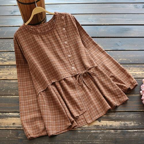 7473 new Spring Women Shirt Mori Girl Literary vintage Plaid Drawstring Casual Blouse Cotton O-Neck Long Sleeve Women Tops
