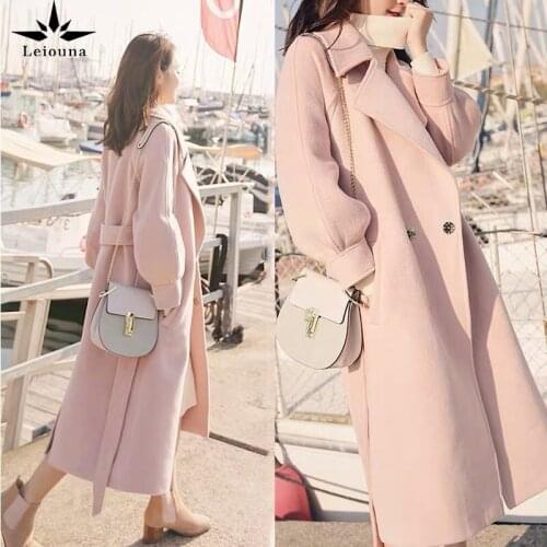 Leiouna V-Neck Slim Solid Office Lady Fahsion Women Winter Woolen Coat Female Loose Warm Belt Lantern Sleeves Work Wear Overcoat