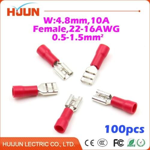 100pcs/lot 4.8 plug Blue Female Quick Disconnect Cable Wire Splice Insulation Terminal Connector 22-16AWG 0.5-1.5mm2 FDD1.25-187