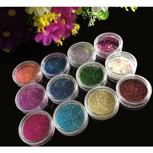 12pcs/set (Rhombic sequins 2 color + Hexagonal sequins 10 color) 0.2mm UV nail glitter powder dust Platinum Color powder